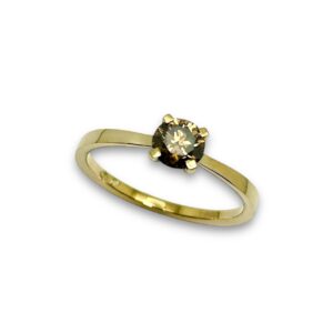 Bague fiançailles solitaire 4 griffes diamant brun naturel 0.55 carat VS or jaune 18 carats