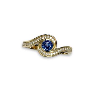 Bague tourbillon saphir de Ceylan AAA et diamants or jaune 18 carats