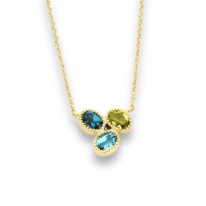 Collier perlé péridot, topaze bleue sky et blue london or jaune 18 carats 750/000ème