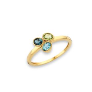 Bague perlée péridot, topaze bleue sky et blue london sur or jaune 18 carats 750