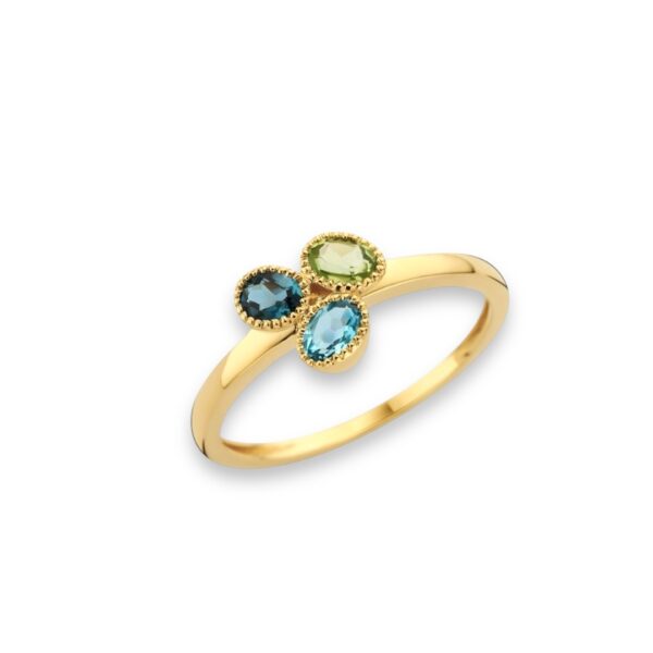 Bague perlée péridot, topaze bleue sky et blue london sur or jaune 18 carats 750