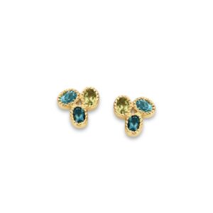 Boucles d'oreilles perlées péridot, topaze bleue sky et blue london or jaune 18 carats