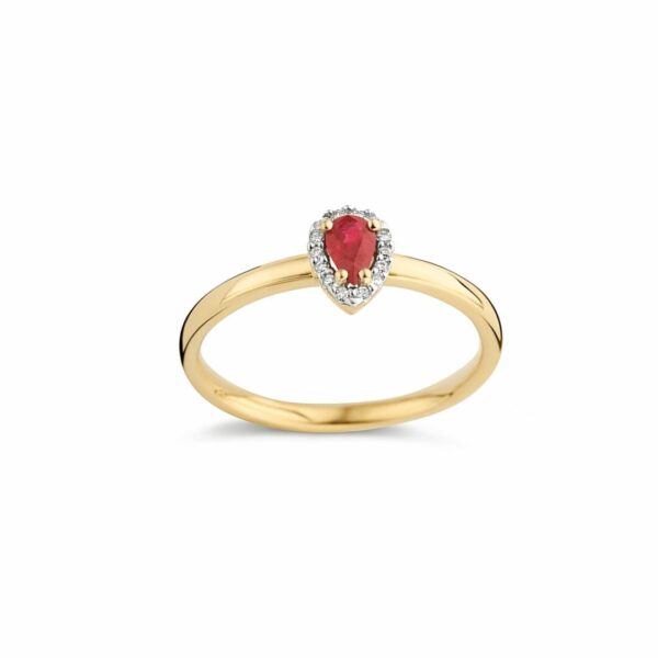 Bague solitaire rubis poire entourage diamants sur or jaune 18 carats 750/000ème