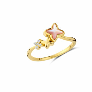 Bague étoilée nacre rose véritable et oxydes en argent 925 plaquée or jaune 18 carats