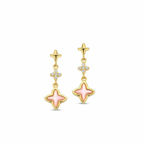 Boucles bijoux d'oreilles 3 étoiles nacre rose et oxydes de zirconium. Argent 925 plaqué or