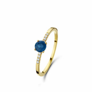 Bague fiançailles solitaire accompagné saphirs et diamants or jaune 18 carats. Cherbourg