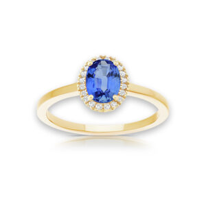 Bague fiançailles solitaire saphir de Ceylan entourage diamants or jaune 18 carats CHERBOURG