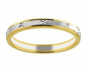 Bague alliance mariage motifs ciselée/polie 2 ors jaune/blanc 18 carats Cherbourg
