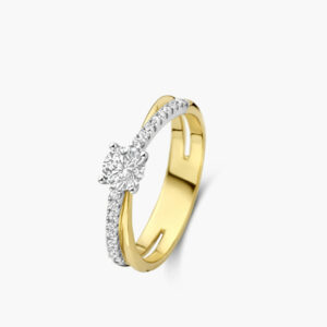 Bague solitaire diamant accompagné Entrelacé bicolore jaune/blanc 18 carats Cherbourg