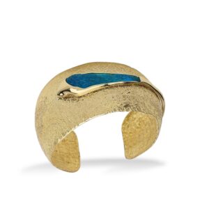Bracelet manchette artisanale Flamme bronze et résine bleu paon Cherbourg