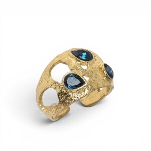 Bague multi drops bronze et pierres crystaux bleus saphir artisanat Cherbourg