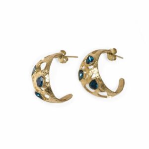 Boucles d'oreilles créoles larges bronze et pierres crystaux bleus artisanat Cherbourg