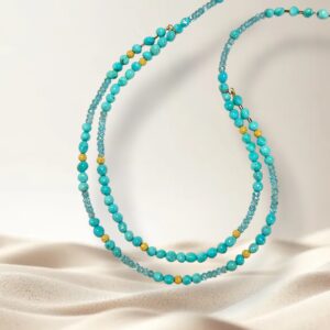 Collier turquoise baroque et apatite double rang et or jaune 18 carats. Cherbourg