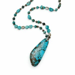 Collier sautoir Turquoise, chrysocolle et quartz fumé sur argent 925. Cherbourg