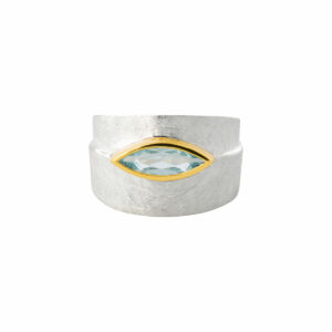 Bague Marquise XL Topaze bleu ciel argent 925 brossé + plaqué or 18 carats. Cherbourg